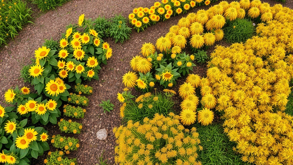 Overhead view of golden garden beds showing layered plantings of sunflowers, yarrow, and golden foliage plants with mulched pathways and varied heights creating depth