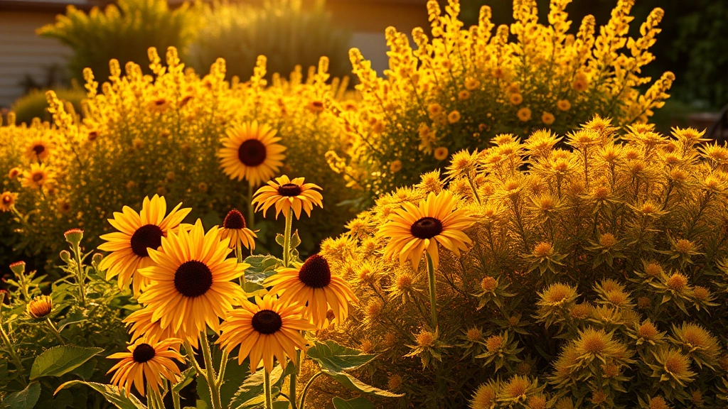 Late afternoon golden hour lighting illuminating a mature golden garden featuring sunflowers, black-eyed Susans, and golden-leafed shrubs with natural shadows creating dimension