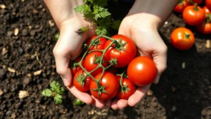 Close-up of hands holding freshly harvested ripe tomatoes and vegetables in a sunny backyard garden bed with rich dark soil