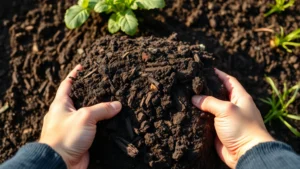 Person's hands preparing dark rich soil mixed with compost in raised garden bed, spring morning sunlight, close-up detail of soil texture and organic matter
