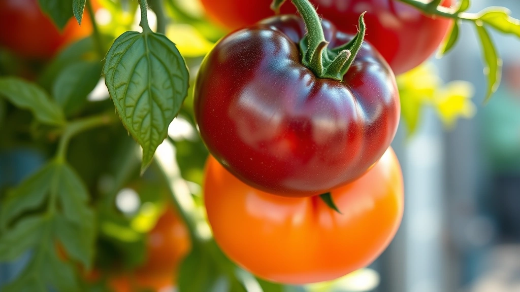Close-up of vibrant heirloom tomatoes in various colors—deep purple, red, orange—hanging on vine with green foliage, morning sunlight highlighting ripeness and texture