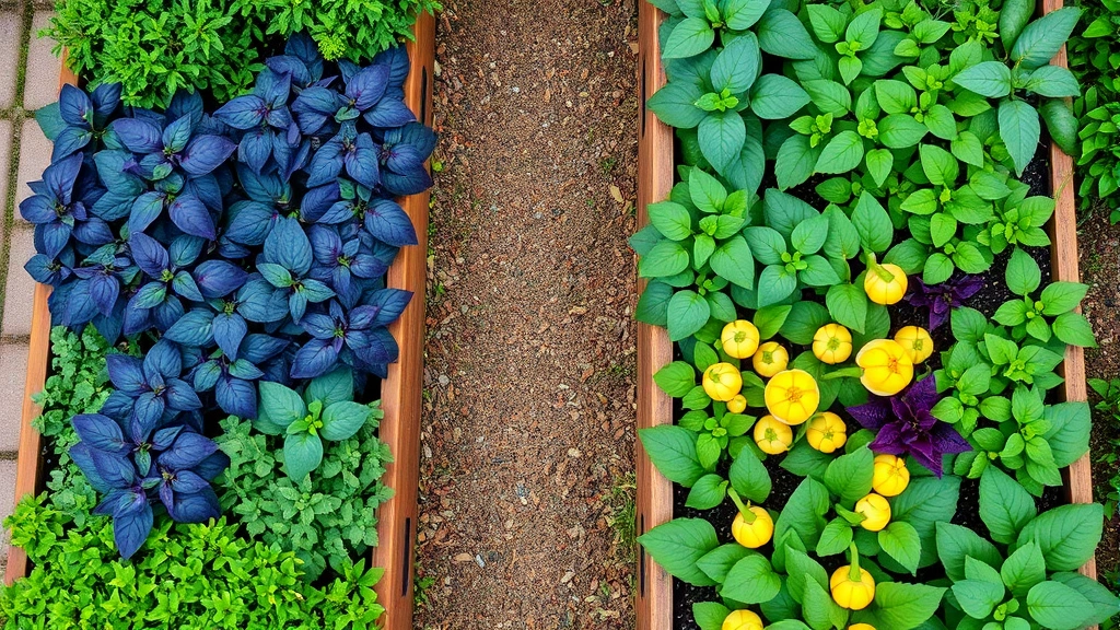 Overhead view of lush raised garden beds with diverse herbs and vegetables: purple basil, green leafy greens, yellow squash blossoms, organized pathways with mulch between beds