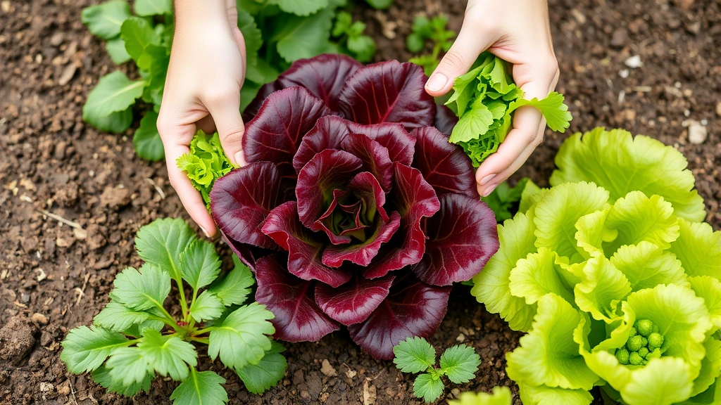 Hands harvesting fresh salad greens from a garden bed, showing crisp lettuce varieties including red oak leaf and buttercrunch, with soil and green plants visible in soft natural light