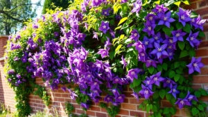 Lush climbing clematis vines with purple flowers covering a rustic brick garden wall in bright afternoon sunlight, with green foliage surrounding the blooms