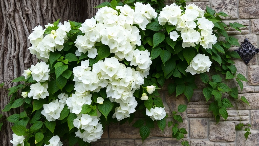 Mature climbing hydrangea with white lacecap flowers cascading down an old stone garden wall, showing intricate bark texture and dense green leaves