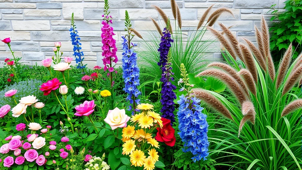 Colorful mixed perennial plantings against a garden wall including roses, delphiniums, and ornamental grasses in full bloom during summer season