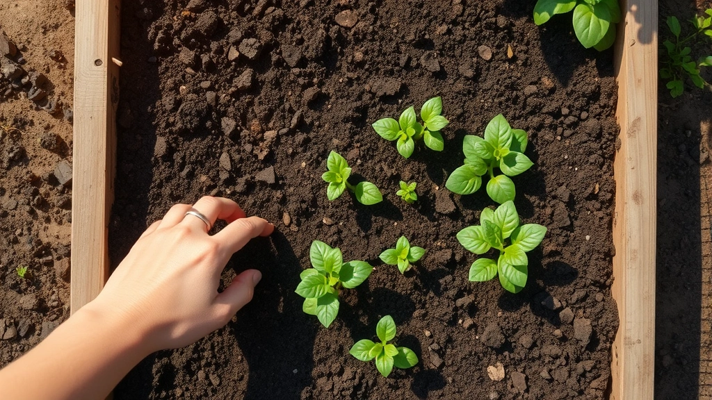 Overhead view of hands planting seedlings in a well-organized raised garden bed with rich dark soil and spring sunlight, showing multiple propagated plants ready for transplanting