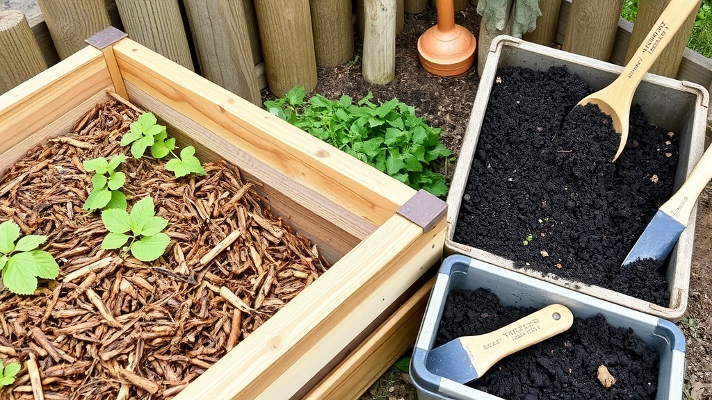 Mature composting system with wooden bins containing layered brown and green materials, adjacent to finished dark compost being scooped into a container with garden tools nearby