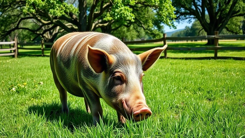 A Berkshire pig grazing in a lush green pasture with wooden fencing and oak trees in background, sunny daylight