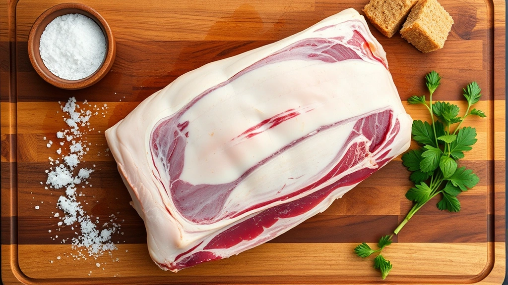 Overhead view of a prepared pork belly on a wooden cutting board with sea salt, brown sugar, and fresh herbs scattered nearby, ready for curing