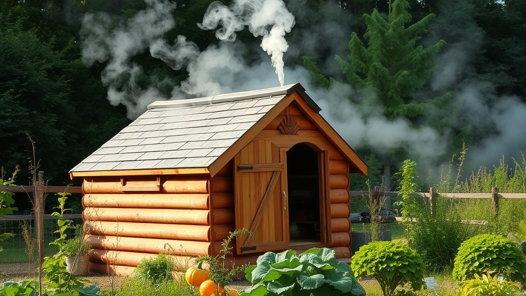 A homemade wooden smokehouse with smoke wisps rising from the roof, surrounded by garden vegetables and herb plants in the foreground