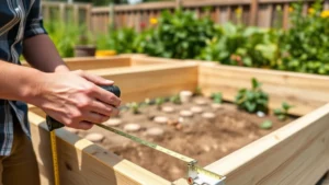 Gardener measuring raised bed dimensions with tape measure on sunny day, detailed close-up of hands and wooden frame construction