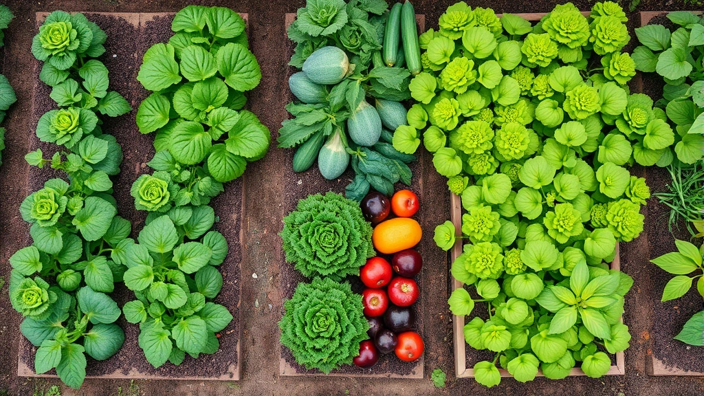 Overhead view of organized garden beds with diverse vegetables at peak growth, showing proper plant spacing and lush foliage