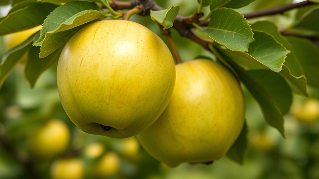 Close-up of mature Granny Smith apples hanging on tree branch with green leaves, smooth bright green skin, natural orchard lighting, shallow depth of field