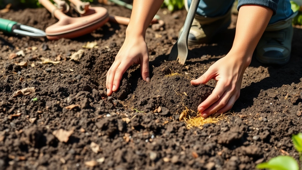 Gardener preparing soil with compost and amendments in sunny backyard location, hands mixing dark rich soil, morning sunlight, gardening tools visible