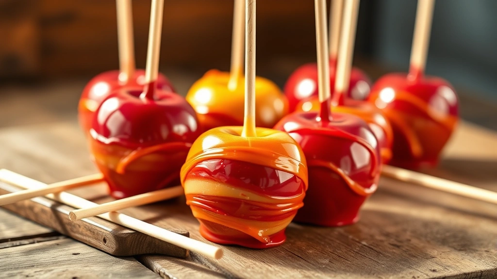 Colorful candy apples on wooden sticks freshly coated with shiny red and caramel candy coating, arranged on rustic wooden surface, warm natural lighting, shallow focus