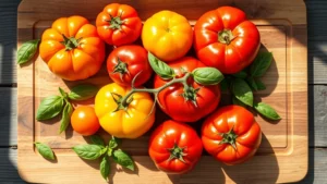Overhead shot of vibrant heirloom tomatoes in various colors (red, orange, yellow) arranged on a rustic wooden cutting board with fresh basil leaves scattered around, natural sunlight creating warm shadows