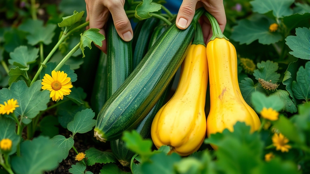 Close-up of hands harvesting fresh green zucchini and yellow summer squash from a lush garden bed, with green foliage and flowers visible in soft morning light