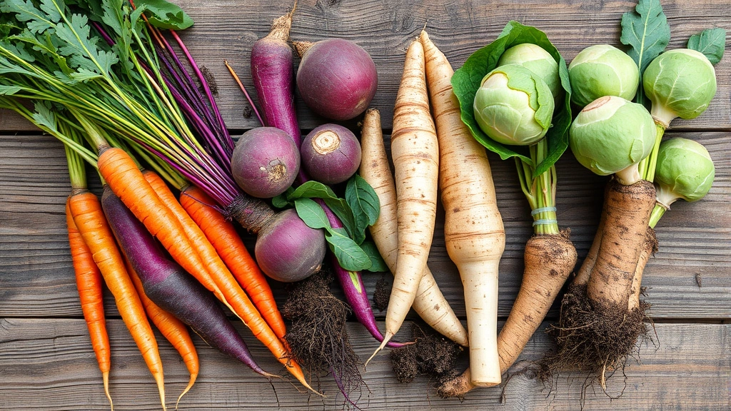 Flat lay composition of freshly harvested fall vegetables including rainbow carrots, beets, parsnips, and Brussels sprouts arranged on weathered wood with garden soil still visible on roots