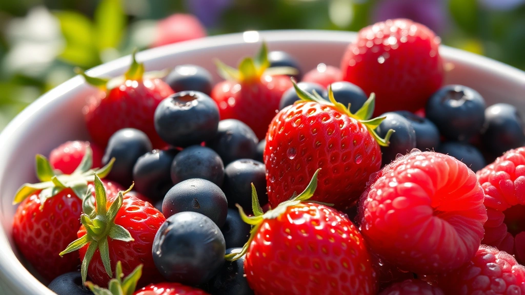 Close-up of fresh strawberries, blueberries, and raspberries in a ceramic bowl with water droplets, morning sunlight, garden setting, photorealistic