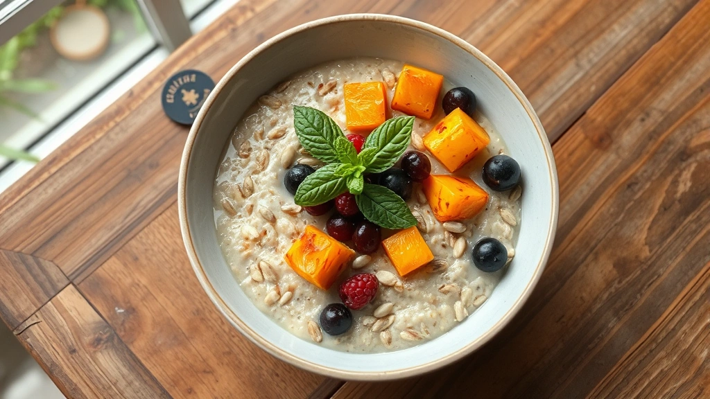 Overhead view of a creamy bowl of oatmeal porridge topped with roasted squash pieces, fresh mint leaves, toasted seeds, and berries on rustic wooden table with garden visible through window