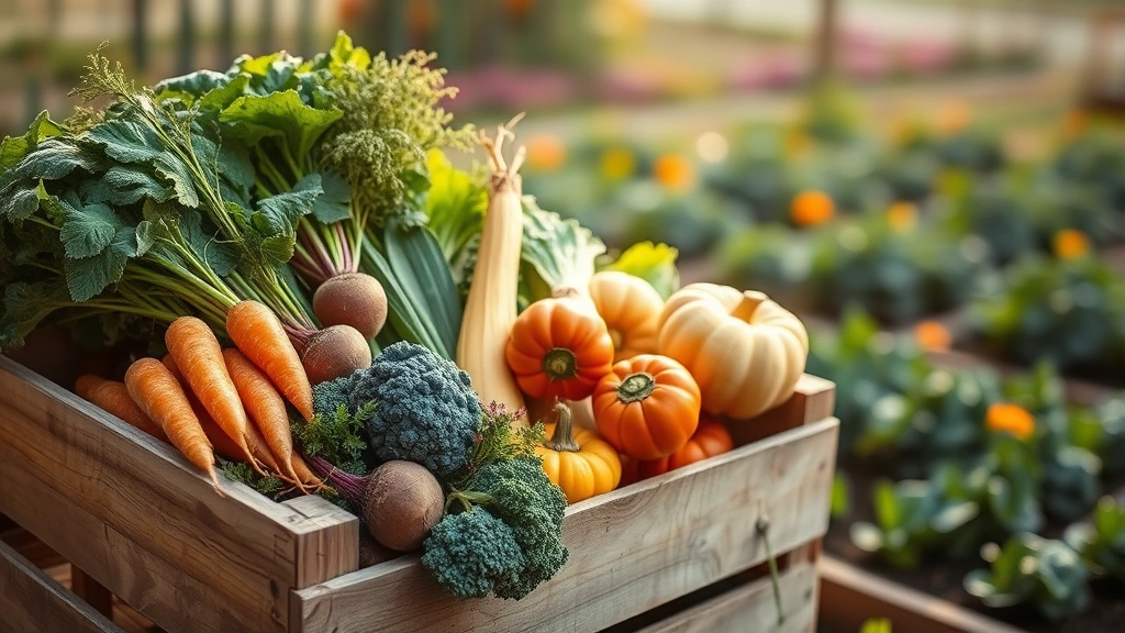 Wooden crate overflowing with freshly harvested vegetables including carrots, beets, winter squash, kale, and herbs arranged artfully with morning dew, garden beds in soft focus background
