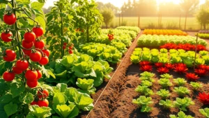 Lush virtual garden with vibrant tomato plants, lettuce beds, and carrot rows growing in organized square plots under bright sunlight, photorealistic digital garden scene