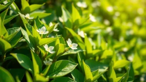 Close-up of vibrant green tea plant leaves with fresh spring growth and delicate white flowers, morning sunlight filtering through, showing detailed leaf texture and unopened buds suitable for harvesting