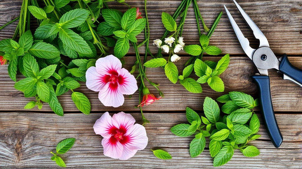 Overhead view of a rustic garden harvesting scene with fresh mint sprigs, hibiscus flowers, and lemon balm leaves arranged on weathered wooden surface with garden shears nearby
