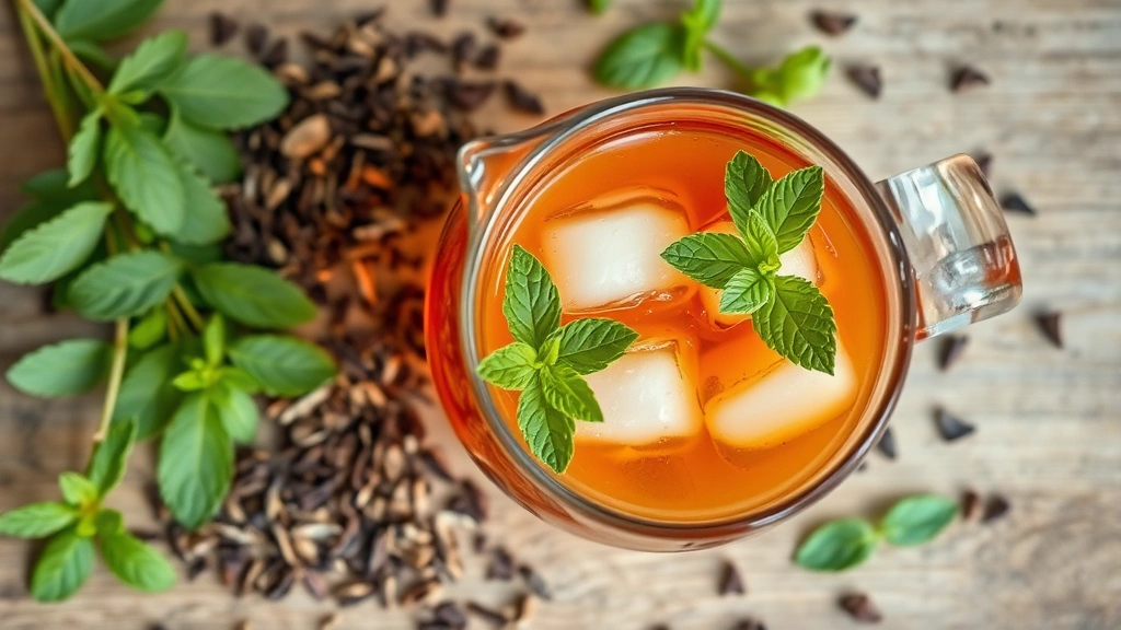 Aesthetic flat-lay composition of glass pitcher filled with amber-colored sweet tea, fresh mint sprigs, and ice cubes, surrounded by dried tea leaves and fresh herbs on natural wooden table