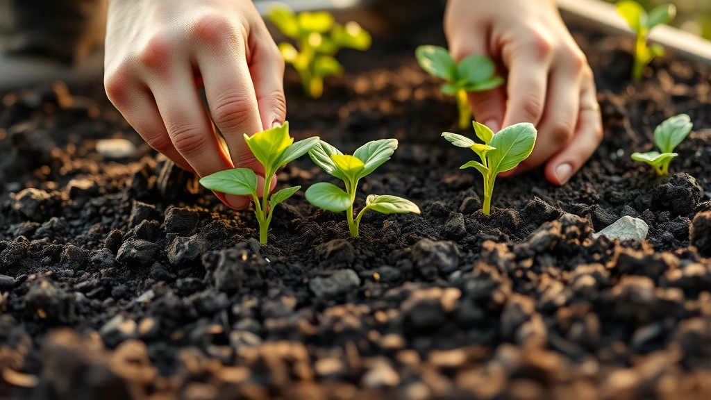 Gardener's hands planting seedlings in rich dark soil in a raised garden bed, spring morning light, close-up detail showing soil texture and green seedling leaves