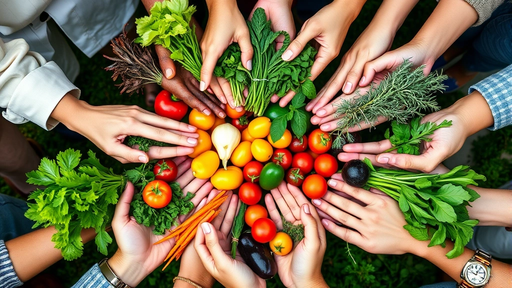 Multiple hands of different people holding various colorful vegetables and fresh herbs together in a circle, vibrant harvest display, community collaboration theme
