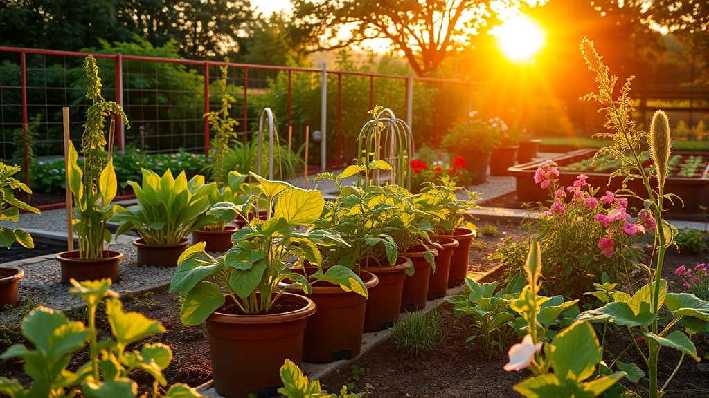 Peaceful garden scene at golden hour showing thriving vegetable plants, herb containers, and flowering plants with warm sunset light filtering through leaves