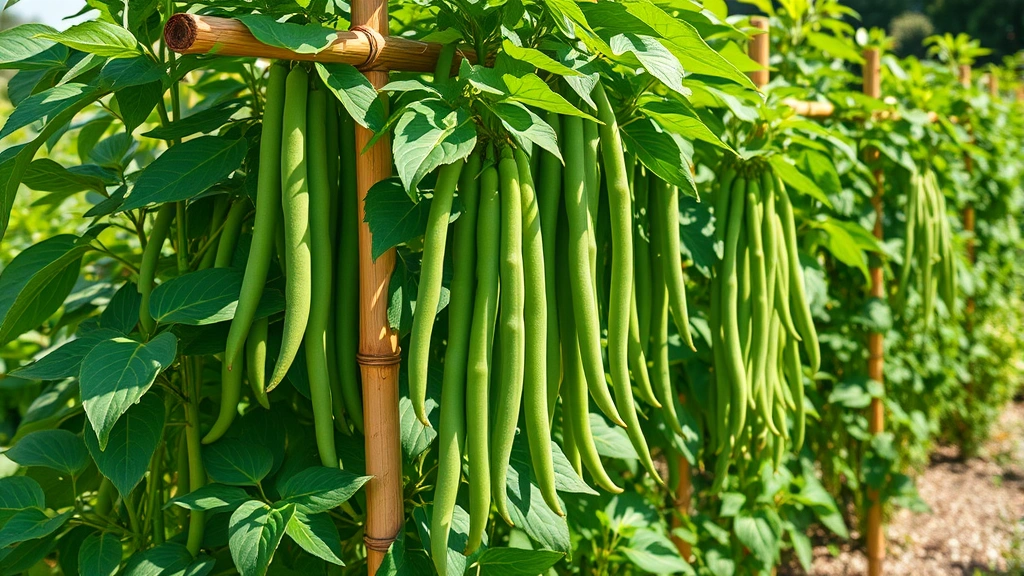 Lush elder bean plants climbing a sturdy bamboo trellis in full sun, showing healthy green foliage and multiple long tender pods ready for harvest in a vibrant vegetable garden
