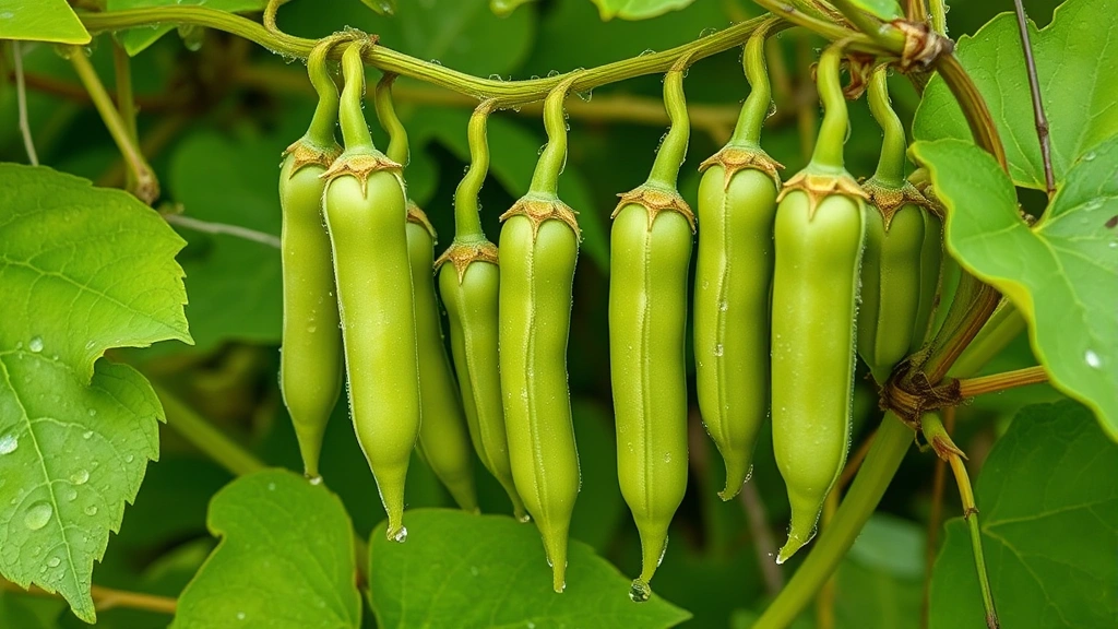 Close-up of developing elder bean pods at various stages of growth on climbing vines with bright green leaves, morning dew visible on the plant stems and tendrils