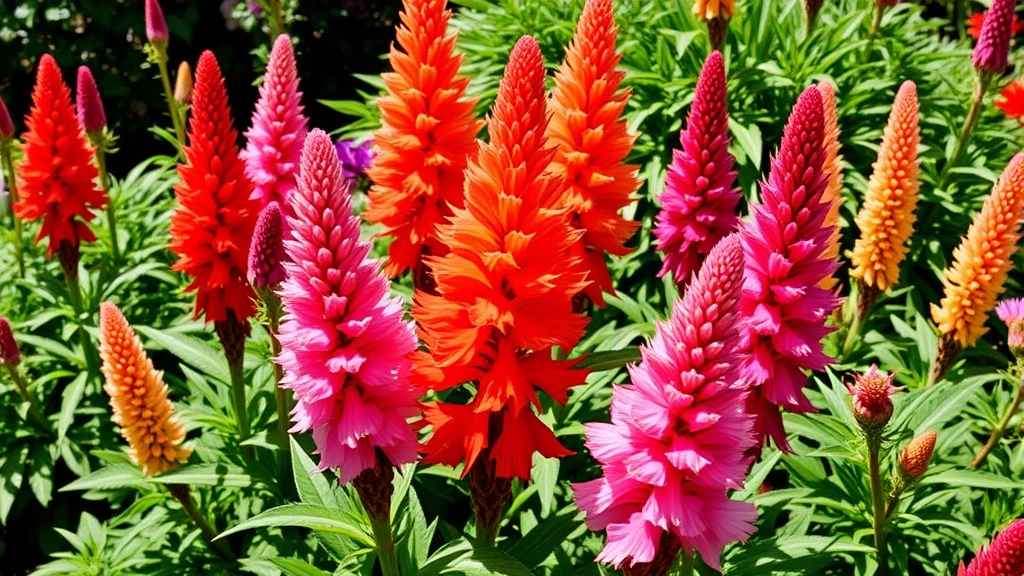 Vibrant celosia flowers in red, orange, and pink showing feathery plume and crested varieties blooming in a sunny garden bed with green foliage
