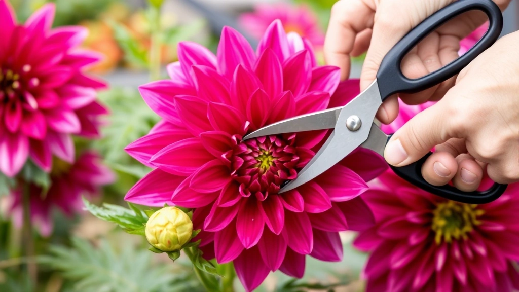 Hands deadheading spent dahlia blooms with pruning shears, showing proper cutting technique near leaf nodes with multiple flower buds visible