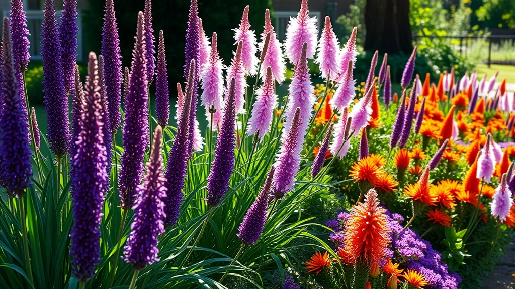 Lush garden border featuring tall purple liatris spikes, pink astilbe plumes, and orange celosia creating explosive color display in afternoon sunlight