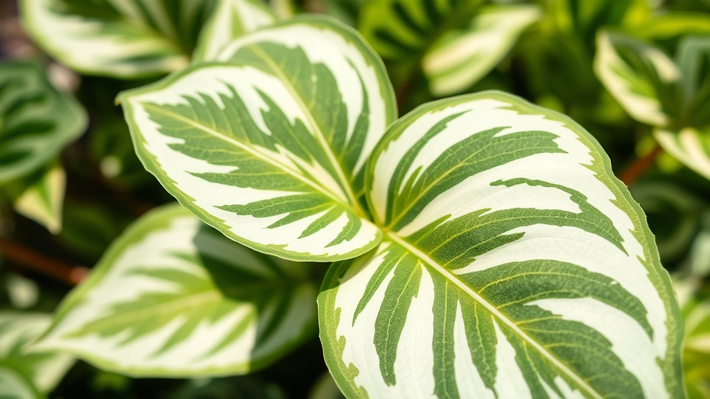 Close-up of a variegated plant leaf showing white and green striped patterns, healthy garden setting, natural sunlight, photorealistic detail of chlorophyll variation
