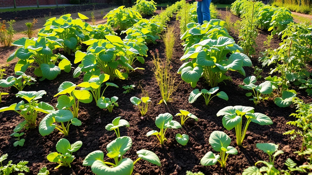 Wide garden bed with multiple vegetable plants growing, gardener examining plants for variations, diverse plant heights and leaf colors, morning garden light