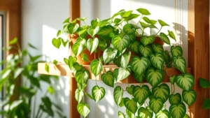 Lush pothos vine cascading from ceramic pot on wooden shelf with heart-shaped variegated leaves in bright indirect light, photorealistic indoor garden setting