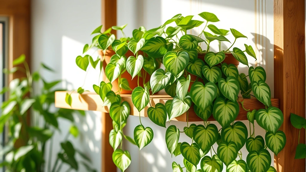 Lush pothos vine cascading from ceramic pot on wooden shelf with heart-shaped variegated leaves in bright indirect light, photorealistic indoor garden setting