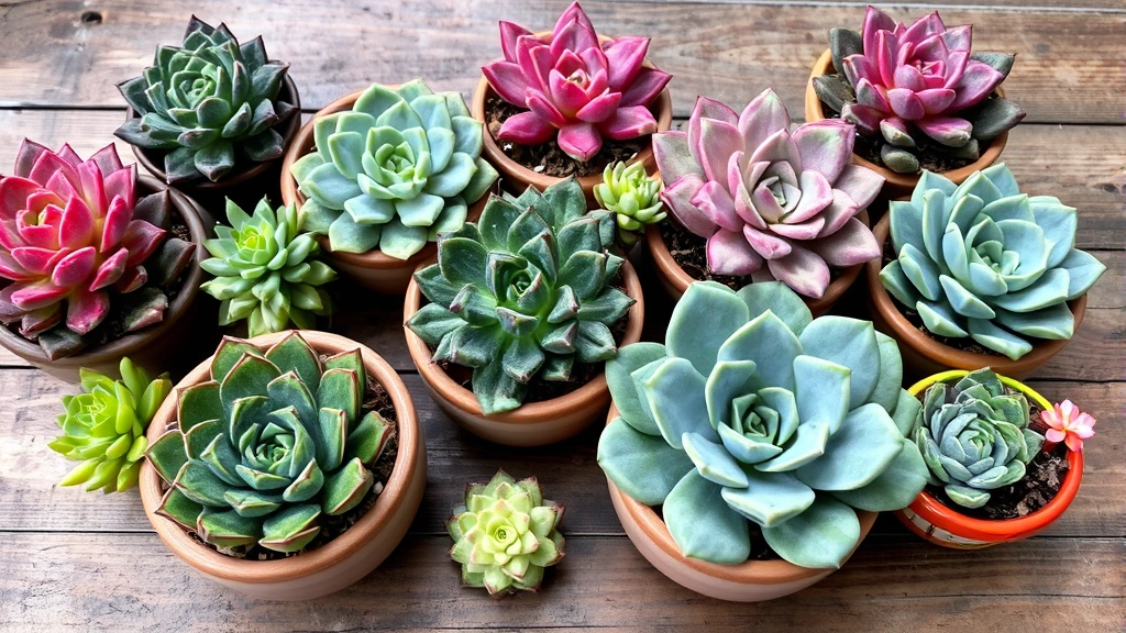 Diverse collection of succulents and echeveria in shallow ceramic containers displaying geometric rosette patterns with vibrant red, green, and purple coloring on rustic wooden table