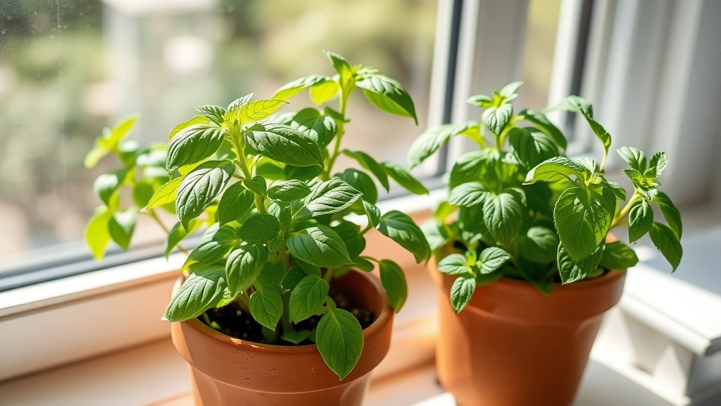 Thriving basil and mint plants in terracotta pots on sunny windowsill with fresh green foliage, water droplets on leaves, morning light streaming through window