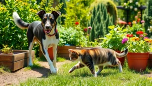 Dog and cat safely exploring a lush garden with raised beds and potted plants, sunny day with green foliage and colorful flowers in background