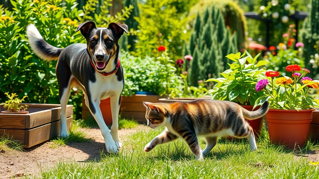 Dog and cat safely exploring a lush garden with raised beds and potted plants, sunny day with green foliage and colorful flowers in background