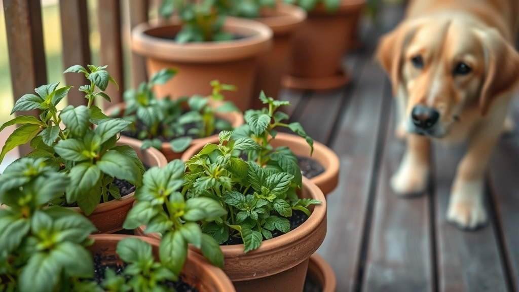 Close-up of fresh herbs like basil, parsley, and mint growing in terracotta pots on a wooden deck with a golden retriever nearby watching