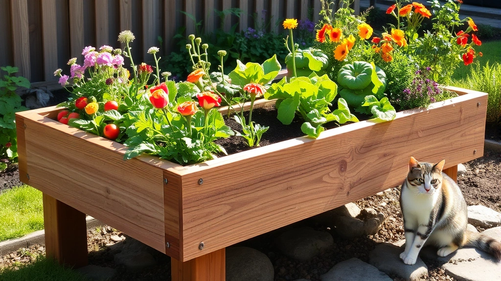 Elevated wooden garden bed filled with vibrant vegetables and pet-safe flowers, a cat sitting beside it on garden stones, natural afternoon lighting