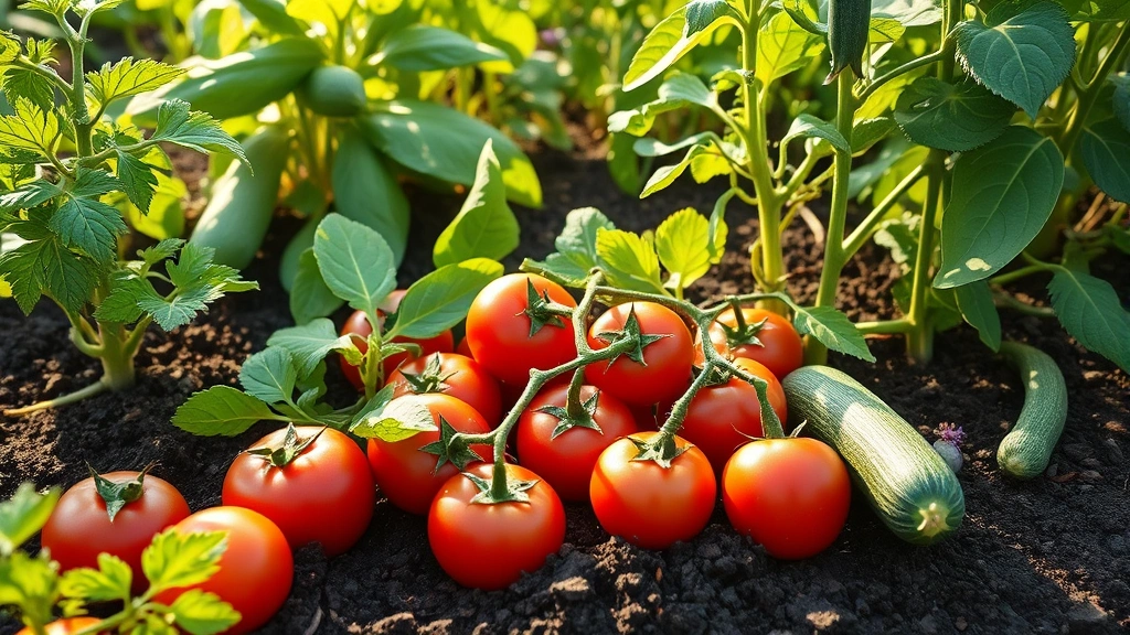 Vibrant vegetable garden with ripe tomatoes, lettuce, zucchini, and beans growing in rich dark soil with morning sunlight, lush green foliage, realistic garden setting
