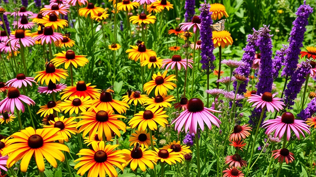 Colorful pollinator garden filled with native wildflowers like coneflowers, black-eyed Susans, and bee balm, with butterflies and bees visiting blooms, bright sunny day